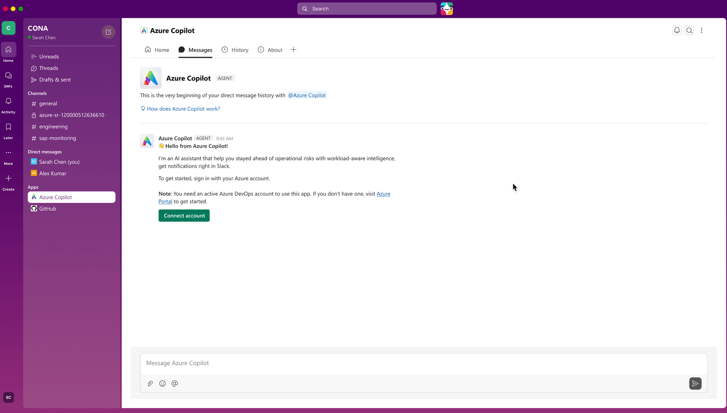 Azure Copilot in Slack — connecting an account, setting up notifications, then troubleshooting a virtual machine in the thread