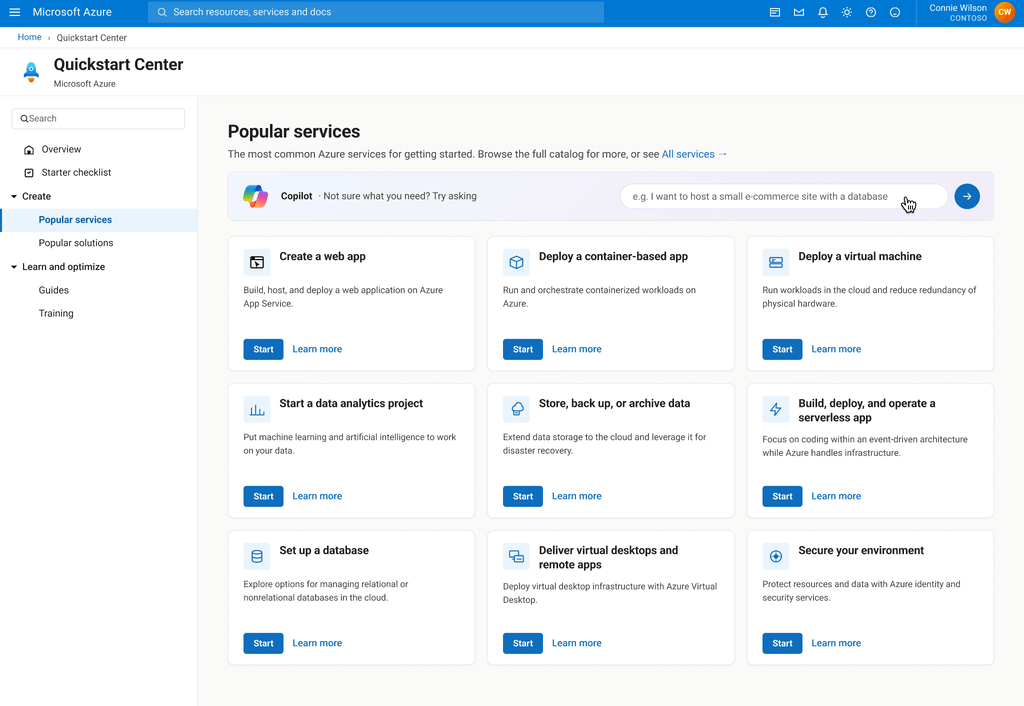 Copilot recommending services on the Azure deployment page based on user goals