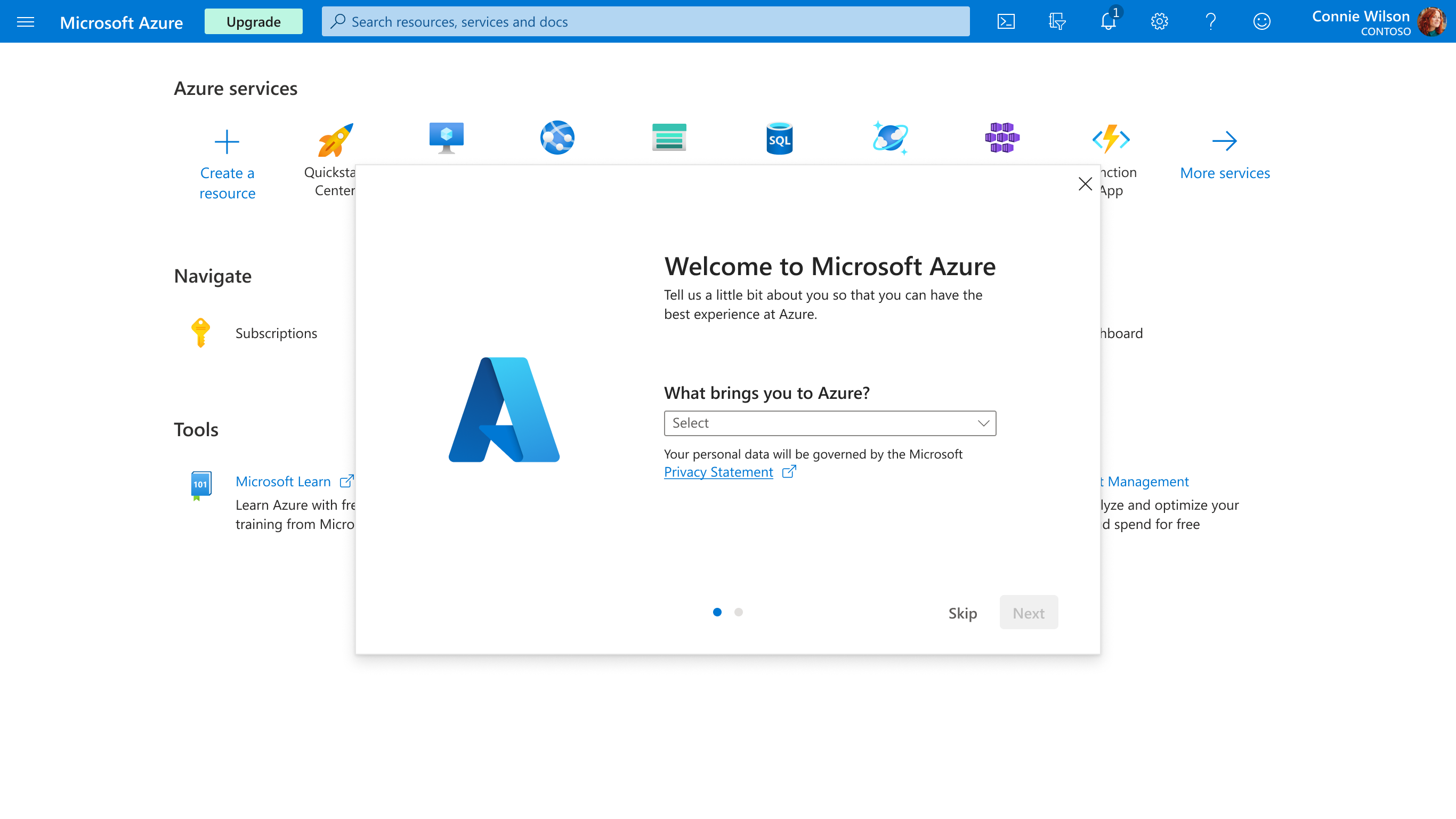 Modal concept for welcome experience